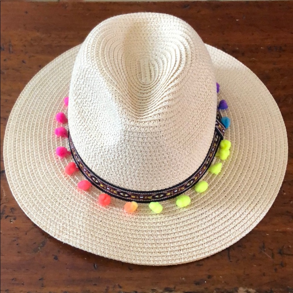 Straw hat | fedora w/ colorful Pom-Pom tassels -OS